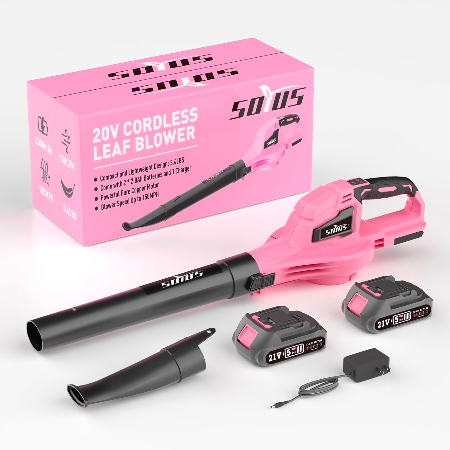 SOYUS Leaf Blower, 21V Leaf Blower Cordless with 2x2.0Ah Battery and Charger, 150 MPH Electric Leaf Blower with Two-Speed Mode, Blowers for Lawn Care, Debris Dust Cleaning(Pink) 4 stars out of 108 reviews (4.0)|