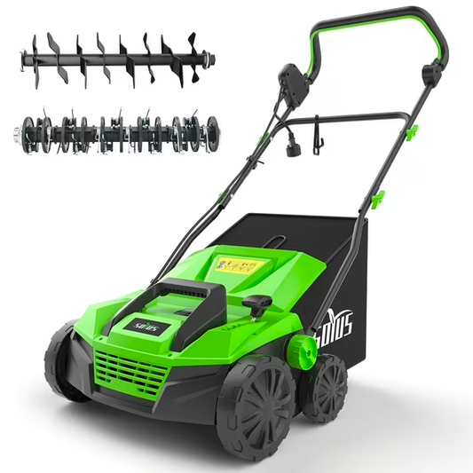 SOYUS 15-Inch 13-Amp Electric Dethatcher and Scarifier with 45L Removable Thath Collection Bag, Corded Lawn Dethatcher with 5-Position Depth Adjustment, Quick-Fold, Increases Lawn Health